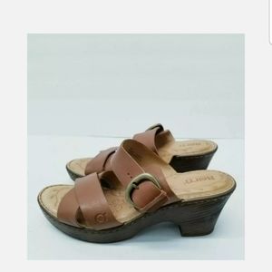 Born Clog Wedge Platform Sz 9 8 Tan Brown Leather Slide Sandals Double Strap